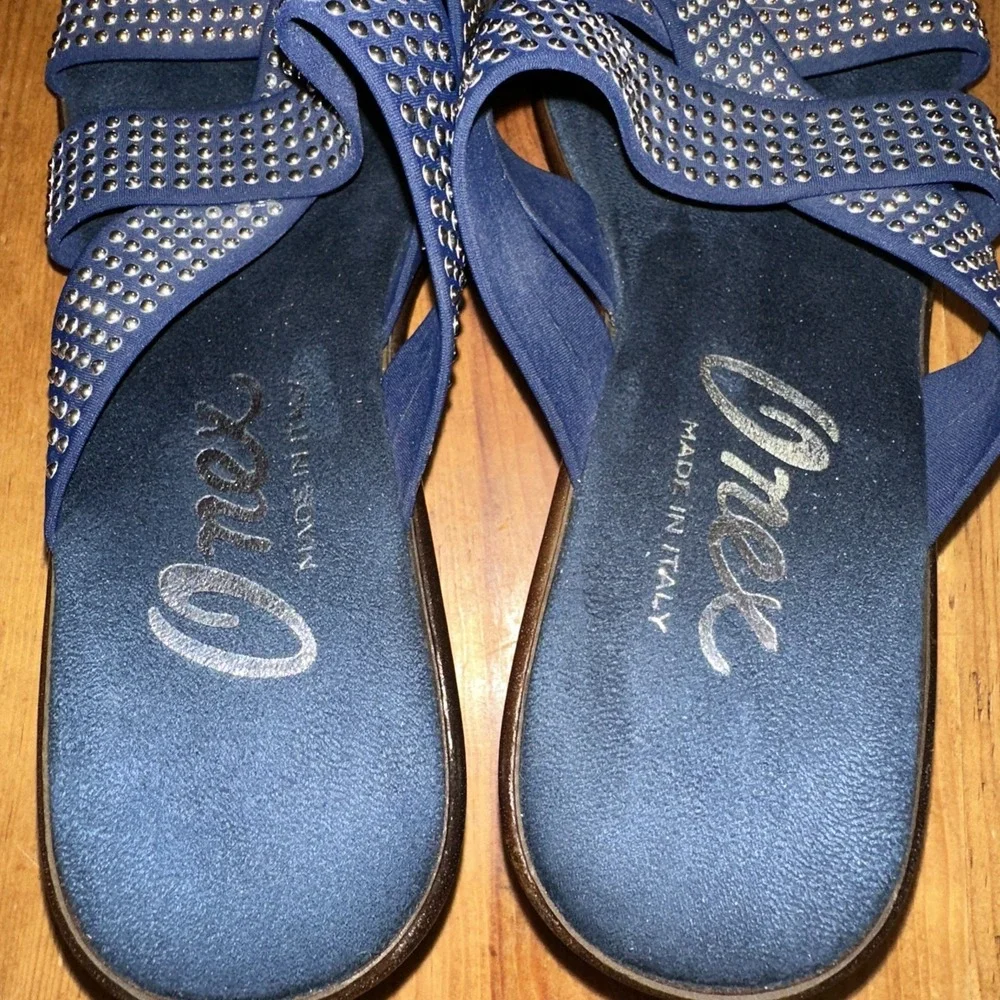 Onex Made in Italy Prelude Women's Wedge Sandal Shoes Navy With Rhinestones 8.5
